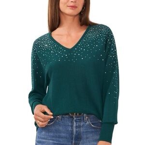 Emerald Green V-Neck Sweater with Studded Detail